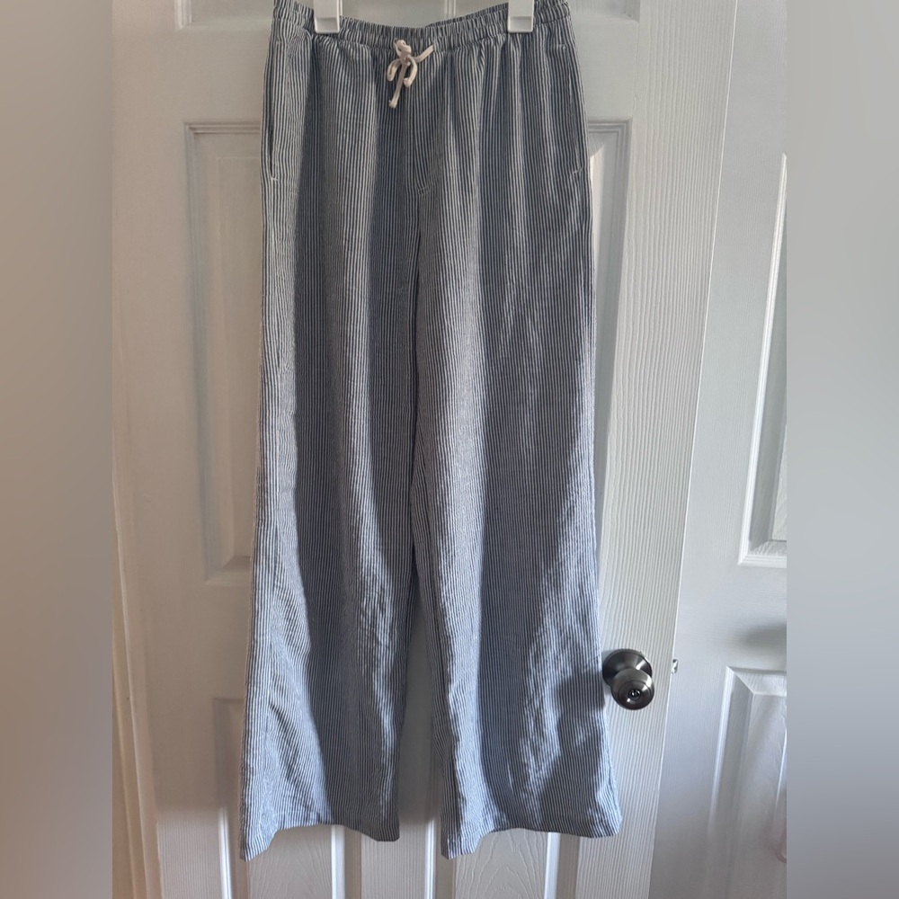 Bershka Navy and White Striped linen Pants